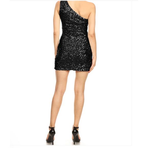 Anna-Kaci One Shoulder Sequin Black Mini Dress Sz Medium Body Con Party Holidays - Picture 4 of 8